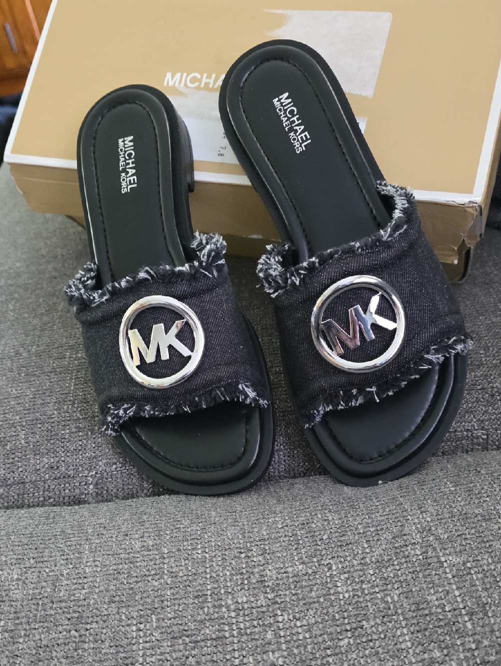 Michael Kors Black Denim MK Logo Slide Sandals with Silver Medallions